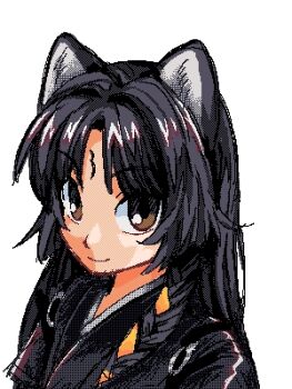 Rule 34 | 1girl, animal ears, arknights, black hair, black kimono, brown eyes, closed mouth, commentary request, dithering, facial mark, forehead mark, japanese clothes, kimono, long hair, looking at viewer, lowres, oekaki, parted bangs, partial commentary, portrait, saga (arknights), simple background, smile, solo, unko tonjiru, white background
