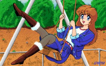 Rule 34 | 1girl, :d, artist logo, belt, blue eyes, blue jacket, blue skirt, boots, breasts, brown boots, brown hair, brown pantyhose, bush, commentary request, crew neck, dated commentary, denim, denim jacket, denim skirt, dirt floor, dithering, earth (earth cg gallery), full body, fur-trimmed boots, fur trim, holding, holding rope, jacket, knee boots, lapels, leg up, logo, long hair, looking at viewer, medium breasts, notched lapels, on swing, open clothes, open jacket, open mouth, original, outdoors, pantyhose, pc-98 (style), pixel art, playground, pocket, red belt, red trim, rope, shirt, sitting, skirt, smile, solo, swing, teeth, three-quarter sleeves, upper teeth only, white shirt