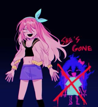 Rule 34 | 2girls, aqua dress, aqua eyes, aqua hairband, aubrey (faraway) (omori), aubrey (headspace) (omori), aubrey (omori), black background, black sailor collar, black socks, blue background, blue hair, blue skirt, bow, bow hairband, breasts, cleavage, closed eyes, commentary, constricted pupils, denim, denim skirt, dress, dual persona, english commentary, english text, gradient background, hair between eyes, hair bow, hair over one eye, hairband, highres, jacket, kneehighs, long hair, long sleeves, medium breasts, multiple girls, navel, omo taru, omori, open clothes, open jacket, open mouth, outstretched arms, pink bow, pink hair, pocket, sailor collar, short sleeves, single eyebrow, skirt, smile, socks, solo focus, spread arms, sweat, v-shaped eyebrows, white jacket, x (symbol), yellow trim