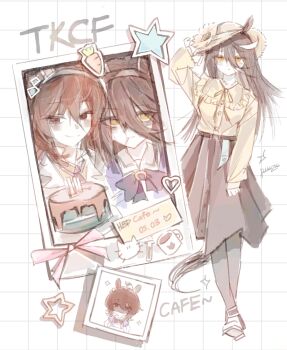 2girls agnes_tachyon_(umamusume) animal_ears arm_up belt birthday_cake black_belt black_hair black_pantyhose blush brown_hair cake casual chemical_structure closed_mouth doktahzaki ear_ornament earrings ears_through_headwear english_text expressionless flower food grabbing_another&#039;s_ear grey_skirt grid_background hair_between_eyes hairband hand_on_another&#039;s_ear hat hat_flower highres horse_tail jewelry long_hair long_sleeves manhattan_cafe_(umamusume) multicolored_hair multiple_girls neck_ribbon pantyhose pink_hairband polaroid_photo rabbit_ears red_eyes ribbon shirt shirt_tucked_in shoes single_earring skirt smile straw_hat sun_hat tail umamusume very_long_hair white_background white_hair white_shoes yellow_eyes yellow_flower yellow_ribbon yellow_shirt