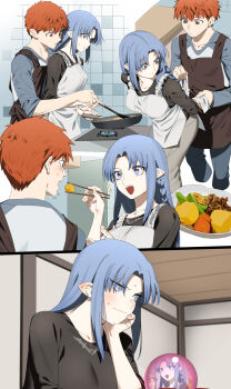 1boy 1girl apron blue_eyes blue_hair blush brown_eyes emiya_shirou fate/hollow_ataraxia fate/stay_night fate_(series) food highres holding holding_food long_hair mature_female medea_(caster)_(fate) medea_(fate) messy_hair pointy_ears rasupekuto red_hair