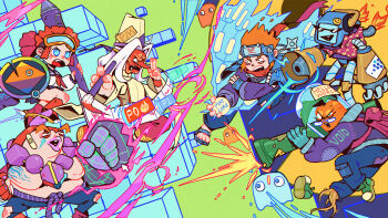 1girl 2boys 3others ahoge arm_at_side arm_cannon arm_up armor aura backpack bag bandaid bandaid_on_face battle bazooka belt black_eyes blinky_(pac-man) blue_eyes blue_gloves blue_pants blue_sailor_collar blue_sandals blue_skirt blush blush_stickers boots bottomless chromatic_aberration clenched_hands clyde_(pac-man) color_picker colored_skin copyright_name covered_face cursor elbow_pads english_text eyewear_on_head facial_tattoo fang fat fat_man fighting_stance fire firing forked_eyebrows full_body geta gloves goggles gold_trim green_eyes green_hair green_shoes hair_intakes half-closed_eyes halo hand_up hat headband headphones highres holding holding_orb holding_own_arm holding_paintbrush holding_shield holding_stylus humanoid_robot inky_(pac-man) iwse_zhang jacket jewelry kuji-in leaf lightning_bolt_symbol long_sleeves mask medium_hair miniskirt mixed-language_text multiple_boys multiple_others musical_note musical_note_print neckerchief necklace oni_mask open_mouth orange-framed_eyewear orange_hair orange_shoes orange_skin orb original outstretched_arm pac-man_(game) paintbrush pants plant_roots pleated_skirt pocket ponytail print_shirt puffy_pants purple_jacket purple_shoes red_boots red_hair red_neckerchief red_pants red_scarf red_shirt robot rocket_boots rope rope_belt sailor_collar sandals scarf school_uniform serafuku shield shirt shoes short_hair shoulder_armor shoulder_tattoo shuriken sidelocks sign single_shoe skirt sleeveless sleeveless_shirt sticker stylus sunglasses tattoo teeth tetris thick_eyebrows topless_male torn_clothes torn_pants translation_request triangular_eyewear uneven_eyes unworn_shoe v-shaped_eyebrows warning_sign weapon white_hair white_shirt wide_sleeves winged_halo wireframe wristband xyz_axis yellow_halo yellow_hat yellow_shirt zipper_pull_tab