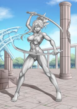 1girl absurdres asymmetrical_bangs bar_censor breasts censored completely_nude dual_wielding earrings fate/grand_order fate_(series) fighting_stance full_body highres holding holding_sword holding_weapon jewelry large_breasts looking_at_viewer miyamoto_musashi_(fate) navel nipples nude open_mouth petrification pillar punnosalt pussy ruins shadow solo statue sword variant_set weapon