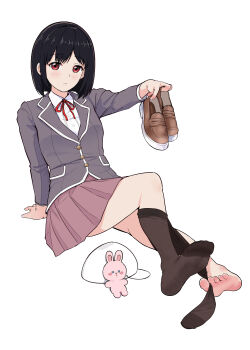 1girl absurdres barefoot beifeng_han black_hair blush feet highres loafers looking_at_viewer medium_hair pantyhose red_eyes school_uniform shoes soles toes unworn_pantyhose unworn_shoes