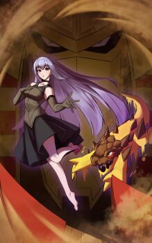 Rule 34 | 10 09hwan, 1girl, absurdres, bare shoulders, barefoot, black dress, black gloves, close-up, close (digimon), commentary, digimon, digimon (creature), digimon card game, digimon liberator, dress, elbow gloves, english commentary, evolutionary line, full body, gloves, green eyes, highres, lizard, long hair, purple eyes, purple hair, pyramidimon, sunarizamon, very long hair