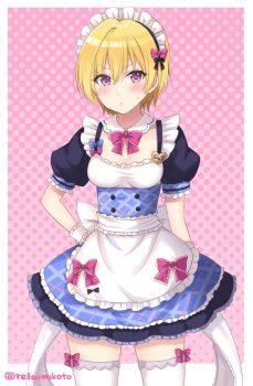 1girl :o apron bad_id bad_twitter_id blonde_hair blue_bow blue_dress blush bow bowtie breasts character_name cleavage commentary_request cowboy_shot detached_collar dress female_focus frilled_apron frilled_sleeves frills hair_bow halftone halftone_background hand_on_own_hip heart highres idolmaster idolmaster_shiny_colors looking_at_viewer maid maid_headdress medium_breasts name_tag pink_background pink_bow pink_bowtie purple_eyes saijo_juri sakurai_makoto_(custom_size) short_hair short_sleeves solo sweatdrop thighhighs twitter_username waist_apron white_apron white_thighhighs wrist_cuffs