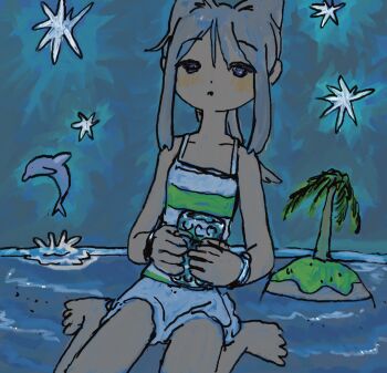 1girl animal_ears bare_arms bare_shoulders barefoot blue_background blush fish hair_between_eyes highres holding izmi long_hair original outdoors parted_lips seashell shell shorts sitting sleeveless solo star_(symbol) starfish strapless water