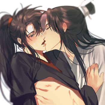 2boys androgynous bishounen black_eyes black_hair black_hanfu blurry blush chinese_clothes closed_eyes clothes_grab clothes_lift couple ear_blush french_kiss hair_tie hanfu high_ponytail jujeop kiss lan_wangji long_hair long_sleeves looking_at_another male_focus modao_zushi multiple_boys nipples one_eye_closed pectorals ponytail robe robe_lift sidelocks simple_background sweat tongue tongue_out topknot upper_body wei_wuxian white_background white_hanfu xiao_guan_(headdress) yaoi