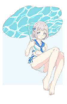 1girl barefoot bikini blue_eyes blue_sailor_collar border bow bow_bikini commentary full_body highres holding looking_at_viewer original outside_border sailor_bikini sailor_collar short_hair solo swimsuit takahashi_ren unmoving_pattern white_bikini white_border white_hair