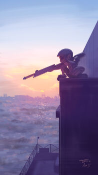 1girl absurdres city female_focus gun highres ink_tank_(splatoon) inkling inkling_girl inkling_player_character kabeu_mariko md5_mismatch monster_girl nintendo revision rifle sitting sniper sniper_rifle solo splat_charger_(splatoon) splatoon_(series) splatoon_1 sunset tentacle_hair weapon