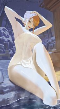 1girl absurdres armpits arms_up bare_arms bare_legs bare_tree blush bottle breasts brown_eyes bucket earrings hair_up hand_in_own_hair hands_on_own_head hashtag-only_commentary highres jewelry knee_up large_breasts legs long_hair looking_at_viewer naked_towel nami_(one_piece) naughty_face night one_piece onsen orange_hair outdoors pearl_earrings rasipan sake_bottle see-through_towel single_sidelock sitting sky soaking_feet solo star_(sky) starry_sky steam thighs tokkuri tongue tongue_out towel tree water wet wet_towel