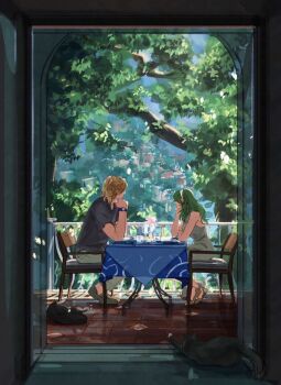 1boy 1girl alternate_costume black_cat black_shirt blonde_hair brown_shoes cat chair city closed_mouth contemporary cup day dimitri_alexandre_blaiddyd dimitri_alexandre_blaiddyd_(timeskip) dress drinking_glass elbow_rest female_byleth_(awakened)_(fire_emblem) female_byleth_(fire_emblem) fire_emblem fire_emblem:_three_houses from_side green_hair grey_dress grey_pants hairband half_updo highres leaf long_hair looking_to_the_side medium_hair nintendo on_chair pants qiqi_llin railing sandals shirt shoes short_sleeves sitting sleeveless sleeveless_dress slice_of_life smile table tile_floor tiles tree watch white_hairband wristwatch