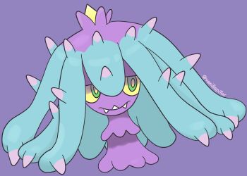 Rule 34 | artist name, colored sclera, fangs, gen 7 pokemon, green eyes, looking at viewer, mareanie, nintendo, pokemon, pokemon (creature), purple background, simple background, solo, spikes, vanillapillar, yellow sclera