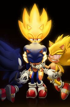 absurdres aggressive black_background black_fur black_hair blue_fur blue_hair claws closed_eyes crazy_eyes crazy_smile dark_sonic fang fangs gloves gold_fur gold_hair grin hedgehog highres red_eyes rero_nn sega shoes smile socks sonic_(series) sonic_the_hedgehog sonic_x super_sonic transformation