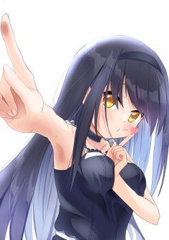 1girl absurdres arm_between_breasts armpits bare_arms bare_shoulders between_breasts black_choker black_hair black_hairband bloom blowing_kiss blush breasts choker collarbone commentary eyebrows_hidden_by_hair fingernails foreshortening frilled_choker frills hair_between_eyes hairband heart heart-shaped_pupils highres index_fingers_raised kushima_kamome long_hair looking_at_viewer medium_breasts miraikanai o3o outstretched_arm puckered_lips sidelocks simple_background solo straight_hair summer_pockets symbol-shaped_pupils upper_body very_long_hair white_background yellow_eyes