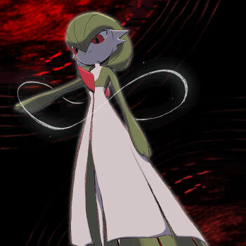 1girl arm_at_side arm_up black_background blurry blurry_background bob_cut candle_(allotas) closed_mouth colored_skin female_focus flat_chest from_below gardevoir gen_3_pokemon green_hair green_skin hair_between_eyes happy looking_afar looking_down multicolored_skin nintendo outstretched_arm pokemon pokemon_(creature) red_eyes short_hair smile solo split_mouth standing two-tone_skin white_skin