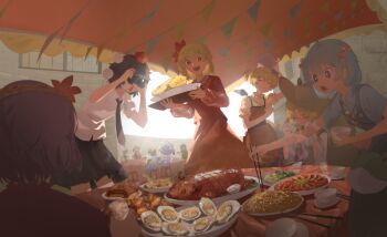 +_+ 6+girls absurdres aki_minoriko aki_shizuha apron black_hair black_skirt blonde_hair blue_hair bowl camera chopsticks cirno closed_eyes collared_shirt commentary_request cup daiyousei dress fish_(food) food food_request hair_ornament hat highres holding holding_bowl holding_camera holding_chopsticks holding_cup holding_food holding_spatula inubashiri_momiji kagiyama_hina kawashiro_nitori key kinoko_(kino2435006) leaf_hair_ornament long_sleeves moriya_suwako multiple_girls necktie noodles open_mouth oyster puffy_short_sleeves puffy_sleeves purple_hair red_dress red_shirt red_skirt round_table saucer shameimaru_aya shell shirt short_hair short_sleeves shrimp sitting skirt smile spatula string_of_flags suckling_pig_roast_(food) table taking_picture tokin_hat touhou white_shirt wide_brim yamashiro_takane yasaka_kanako