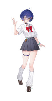 1girl absurdres alternate_costume belle_(zenless_zone_zero) black_choker black_skirt blue_hair bow bowtie brown_shoes choker collared_shirt commentary_request crossed_bangs earrings full_body green_eyes hair_between_eyes hair_ornament hand_up highres jewelry jyn_jyn letter_hair_ornament loafers open_mouth red_bow red_bowtie school_uniform shirt shirt_tucked_in shoes short_hair simple_background single_earring skirt sleeves_rolled_up smile socks solo standing thigh_strap v white_background white_socks zenless_zone_zero