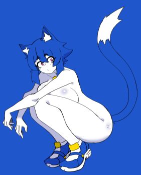 1girl absurdres animal_ear_fluff animal_ears ass_freckles bell blue_background blue_hair blue_shoes body_freckles breasts cat_ears cat_girl cat_tail closed_mouth collarbone colored_skin doce female_focus freckles full_body hair_between_eyes highres jingle_bell large_breasts looking_at_viewer nude original pink_eyes shoes short_hair simple_background solo squatting tail white_skin xiao_(docecaedrus)