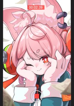 1girl absurdres ahoge animal_ear_fluff animal_ear_piercing animal_ears banknote blurry blurry_foreground bright_pupils closed_mouth commentary_request furry furry_female green_shirt hair_ornament head_rest highres light_blush long_hair looking_at_viewer money one_eye_closed pillarboxed pink_fur pink_hair rabbit_ears rabbit_girl recording red_eyes screw shirt short_eyebrows smile solo sphere_hair_ornament thick_eyebrows uminonin46978 white_background white_pupils zenless_zone_zero zhao_(zenless_zone_zero)