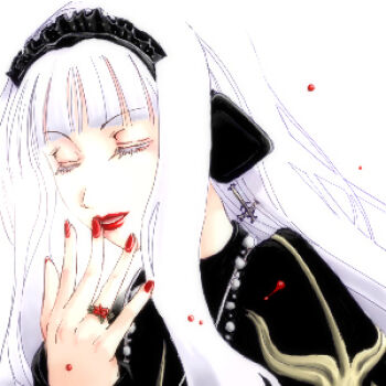 1girl black_dress commentary_request dress fingernails headdress inverted_cross_earrings jewelry juliet_sleeves long_hair long_sleeves lowres mr.romance open_mouth portrait priest_(ragnarok_online) puffy_sleeves ragnarok_online red_lips red_nails ring simple_background smile solo white_background white_hair whitemaria