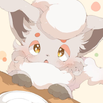 animal_focus blush chiko_(chi_p_71) commentary_request hisuian_zorua looking_at_viewer nintendo no_humans open_mouth plate pokemon pokemon_(creature) solo sparkling_eyes yellow_eyes