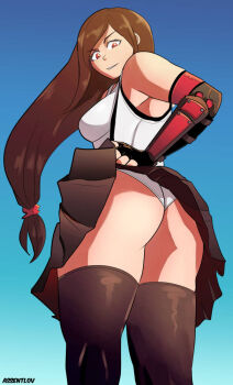 1girl assentlov breasts day final_fantasy final_fantasy_vii from_below gloves legs long_hair looking_back panties red_eyes skirt square_enix standing thighhighs tifa_lockhart tomboy underwear upskirt white_panties