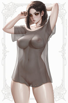 1girl alternate_costume bootybear braid breasts cleft_of_venus collarbone colored_sclera grey_shirt highres large_breasts lips looking_at_viewer nail_polish naked_shirt navel nipples pussy red_eyes red_sclera see-through_clothes see-through_shirt serana shirt short_hair solo the_elder_scrolls the_elder_scrolls_v:_skyrim uncensored