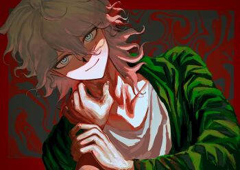 1boy 1other absurdres closed_mouth collarbone commentary_request danganronpa_(series) danganronpa_2:_goodbye_despair green_jacket grey_eyes grey_hair grey_shirt hand_on_another&#039;s_neck hand_up highres jacket kashiba_(iiiiii_kasba) komaeda_nagito looking_at_viewer male_focus medium_hair open_clothes open_jacket red_background shirt smile solo_focus