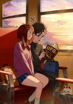 Rule 34 | 1boy, 1girl, absurdres, afureru colors, ayase momo, black hair, black jacket, black pants, blue bag, blue skirt, book, bow, bowtie, breasts, brown hair, brown shoes, cat, closed eyes, collared shirt, couple, crossed bangs, dandadan, earrings, gakuran, glasses, gold buttons, hair between eyes, hetero, highres, holding, holding book, jacket, jewelry, leaning on person, loafers, medium breasts, open mouth, orange bag, pants, parted bangs, parted lips, pink sweater, pleated skirt, red bow, red bowtie, round eyewear, school uniform, shirt, shoes, short hair, skirt, sleeping, socks, sunset, sweatdrop, sweater, takakura ken (dandadan), turbo granny (dandadan), v arms, white shirt, white socks