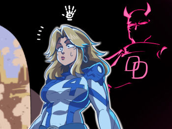 1boy 1girl blonde_hair blue_bodysuit bodysuit breasts daredevil earrings fantastic_four highres hoop_earrings jewelry marvel marvel_rivals sue_storm surprised tina_fate