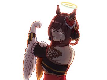 animal_ears bare_shoulders biceps braid braided_hair_rings breasts brown_hair closed_eyes corset crying detached_sleeves ear_covers ear_ornament facing_viewer gentildonna_(regina_dei_fiori)_(umamusume) gentildonna_(umamusume) gloves hair_between_eyes hair_ornament hair_rings halo heart-shaped_ornament heart_ear_ornament highres horse_ears horse_girl johnholl0w long_hair open_mouth red_corset rosie_the_riveter simple_background smile solo tears teeth umamusume upper_body white_background white_gloves