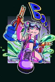 1girl bonbon_ovo border commentary_request dual_wielding foreshortening full_body goggles goggles_on_head grimace gun hatsune_miku headset highres holding holding_gun holding_water_gun holding_weapon knee_pads korean_commentary looking_at_viewer pink_vest shoes sneakers socks solo sound_effects twintails vest vocaloid water_balloon water_gun weapon white_socks