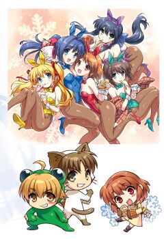 Rule 34 | 2boys, 5girls, :d, ahoge, aizawa yuuichi, alternate costume, angel wings, animal costume, animal ears, aqua shoes, armpit crease, backpack, bag, bare shoulders, black hair, blonde hair, blue bow, blue bowtie, blue eyes, blue footwear, blue leotard, blush, blush stickers, bow, bowtie, breasts, brown gloves, brown hair, brown pantyhose, brown shawl, cat costume, chibi, chibi inset, chopsticks, chopsticks in mouth, cleavage, closed mouth, coat, collar, cosplay, curvy, detached collar, doll, expressionless, eyelashes, eyes visible through hair, fake animal ears, fake tail, floating hair, food, food on face, foot out of frame, frog costume, gloves, green bow, green bowtie, green eyes, green leotard, grin, hair between eyes, hair bow, hair intakes, hair ribbon, hairband, hand up, happy, high heels, highleg, highleg leotard, highres, holding, holding food, holding ice cream, hug, ice cream, kanon, kawasumi mai, keropii, kigurumi, kitagawa jun, knees together feet apart, large breasts, leotard, long hair, long ribbon, looking at viewer, low ponytail, medium hair, minase nayuki, misaka shiori, mittens, multiple boys, multiple girls, non-web source, open mouth, pantyhose, parfait, pink background, piro, plaid clothes, plaid shawl, playboy bunny, ponytail, purple footwear, purple leotard, rabbit ears, rabbit tail, red bow, red bowtie, red eyes, red footwear, red hairband, red leotard, red ribbon, ribbon, sawatari makoto, shawl, shoes, short hair, sidelocks, simple background, sitting, small breasts, smile, snowflake print, sparkle, standing, standing on one leg, steamed bun, strapless, strapless leotard, strawberry parfait, tail, taiyaki, tareme, thighs, thumbs up, tsukimiya ayu, two side up, v-shaped eyebrows, wagashi, white background, white collar, white wrist cuffs, wings, wrist cuffs, yellow bow, yellow bowtie, yellow coat, yellow leotard, yellow shoes, zen (kamuro)