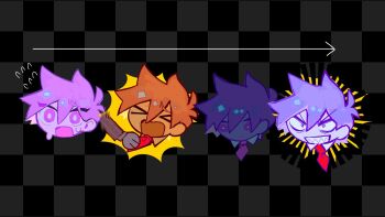 Rule 34 | > <, 1boy, :d, antenna hair, bossman hero, bright pupils, chibi, chibi only, closed eyes, commentary, double-parted bangs, dual persona, evil grin, evil smile, flying sweatdrops, grin, hair between eyes, hero (headspace) (omori), hero (omori), highres, honshiya, looking at viewer, male focus, necktie, omori, open mouth, purple eyes, purple hair, red necktie, sharp teeth, short hair, smile, solo, sweat, teeth, untranslatable commentary, white pupils, xd