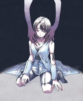 2girls arm_warmers black_background black_hair brown_eyes character_request check_character commentary english_commentary final_fantasy final_fantasy_viii jewelry long_hair michibata_65 multiple_girls necklace rinoa_heartilly signature sitting ultimecia