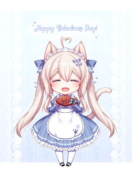 Rule 34 | 1girl, = =, animal ears, blonde hair, blue dress, blush, bow, cat ears, cat tail, chibi, dress, food, hair bow, happy valentine, konshin, long hair, long sleeves, open mouth, original, puffy long sleeves, puffy sleeves, solo, tail, taiyaki, twintails, wagashi
