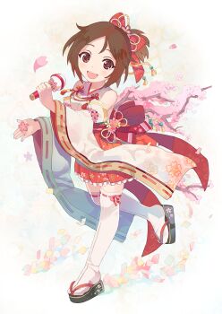 bow bowtie brown_hair cherry_blossoms commentary_request detached_sleeves domyoji_karin flower_ornament frilled_skirt frills idolmaster idolmaster_cinderella_girls idolmaster_cinderella_girls_starlight_stage kinugasa_moduru looking_at_viewer nontraditional_miko open_mouth petals red_eyes ribbon-trimmed_thighhighs ribbon_trim short_hair skirt smile tassel thighhighs tree white_thighhighs wide_sleeves