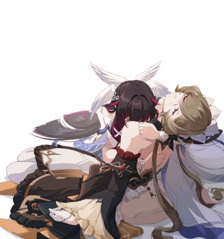 2girls bare_shoulders barefoot black_hair brown_hair closed_eyes columbina_(genshin_impact) commentary cracked_skin detached_collar detached_sleeves dress english_commentary fenayuquarium genshin_impact gloves hair_ornament head_wings highres hug long_hair long_sleeves multicolored_hair multiple_girls pink_hair ribbon sandrone_(genshin_impact) simple_background sitting streaked_hair two-tone_hair white_background white_dress white_gloves white_wings wings