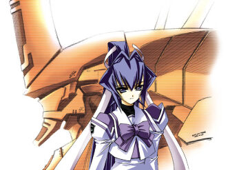 1girl anime_coloring arms_at_sides bad_id black_shirt blouse blue_eyes blue_hair bow collared_shirt emblem expressionless front_slit hair_between_eyes hair_intakes hair_ribbon hakuryou_high_school_uniform half_updo high-waist_skirt impossible_hair juliet_sleeves layered_shirt long_hair long_ribbon long_sleeves mecha mitsurugi_meiya muv-luv ponytail print_sleeves profile puffy_sleeves purple_bow purple_shirt ribbon robot sailor_collar school_uniform science_fiction serizawa_katsumi shirt simple_background skirt skirt_set split_mouth turtleneck turtleneck_shirt type_00_takemikazuchi undershirt very_long_hair white_background white_ribbon white_sailor_collar white_shirt white_skirt white_sleeves