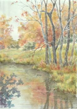 autumn day forest highres landscape nature no_humans original outdoors painting_(medium) paruperu reflection reflective_liquid scenery stream traditional_media water watercolor_(medium)