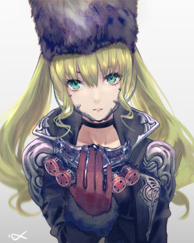1girl black_hat black_jacket blonde_hair breasts choker code_vein csyday female_focus fur-trimmed_sleeves fur_hat fur_trim gas_mask gloves green_eyes grey_background hat holding holding_mask jacket long_hair long_sleeves looking_at_viewer mask mia_karnstein parted_lips red_gloves respirator solo twintails unworn_mask upper_body
