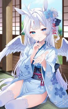 1girl absurdres animal_ears blue_eyes blue_flower blue_kimono blunt_bangs blush closed_mouth commentary_request cowboy_shot double-parted_bangs feathered_wings flower hair_flower hair_ornament highres horse_ears horse_girl horse_tail japanese_clothes kimono long_hair long_sleeves looking_at_viewer obi original sash smile solo tail textless_version thighhighs toketa-sekai translation_request unicorn_girl unicorn_horn white_hair white_thighhighs white_wings wide_sleeves wings