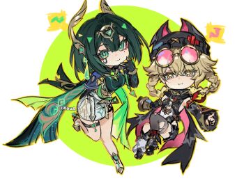 +_+ 2girls ancient_egyptian_clothes animal_ears artist_name black_thighhighs blonde_hair bob_cut braid buzhidaojiaoshenmekoua chibi chibi_inset chinese_commentary closed_mouth detached_sleeves dress facial_tattoo fake_animal_ears fake_claws floating bad_tag genshin_impact green_eyes green_hair hair_between_eyes hair_ornament hat head_tilt headpiece jahoda_(genshin_impact) light_smile long_hair long_sleeves looking_at_viewer looking_to_the_side mole mole_under_eye multicolored_eyes multicolored_hair multiple_girls nefer_(genshin_impact) pantyhose scarf shade shorts sleeveless smug symbol-shaped_pupils tattoo thick_thighs thighhighs thighs torn_clothes torn_pantyhose twin_braids wide_sleeves