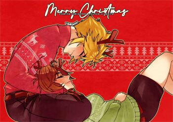 1boy 1girl aerith_gainsborough alternate_costume antlers artist_name black_pants black_skirt blonde_hair blush breasts brown_hair character_name christmas christmas_sweater closed_eyes closed_mouth cloud_strife commentary couple english_commentary feet_out_of_frame final_fantasy final_fantasy_vii final_fantasy_vii_remake green_sweater hair_between_eyes hand_in_another's_hair hetero horns kurohyn lap_pillow long_hair medium_breasts merry_christmas pants parted_bangs red_background red_sweater reindeer_antlers ship_name short_hair skirt smile spiked_hair sweater