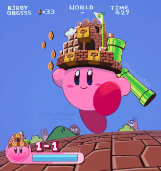 ?_block annotated antenna_hair artist_name black_eyes block_(mario) blue_eyes blue_sky brick bush castle closed_mouth coin commentary_request copy_ability crossover flag flagpole goomba heads-up_display health_bar hill holding kirby kirby's_return_to_dream_land kirby_(series) looking_at_another mario_(series) nintendo number_pun one-eyed outdoors polof score sky smile standing super_mario_bros._1 suyasuyabi twitter_username user_interface waddle_doo walking warp_pipe