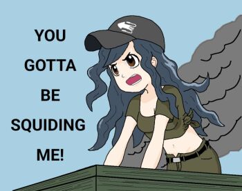 angry belt black_hat blue_hair breasts brown_eyes crop_top curly_hair english_text green_shirt hands_on_table hat kraken_(japanon) kraken_regiment long_hair looking_afar medium_breasts meme microsoft_paint_(medium) midriff military original pants pun russo-ukrainian_war shirt smoke squid tied_shirt war