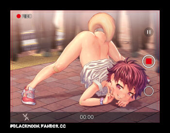 1boy 6+others anal_tail ass bandaid bandaid_on_knee bandaid_on_leg bare_legs black_border blurry blurry_background border bottomless brick butt_plug dog_tail exhibitionism fake_screenshot fake_tail grin heart heart-shaped_pupils jack-o'_challenge kurotsuki_(luowei99) looking_at_viewer male_focus mixed-sex_bathing multiple_others no_socks original penis public_indecency purple_eyes recording sex_toy shared_bathing shirt shoes short_hair shota smile sneakers solo split spread_legs symbol-shaped_pupils tail tail_raised top-down_bottom-up v watch watermark web_address white_shirt wristwatch