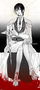 1boy belt black_hair blood blood_on_clothes blood_on_ground bloody_weapon boots cape chain closed_mouth code_geass commentary_request crossed_legs full_body gem hair_between_eyes halo highres holding holding_sword holding_weapon jacket lelouch_vi_britannia light_smile limited_palette long_sleeves looking_at_viewer male_focus monochrome pants shirt short_hair sitting smile solo spot_color sword twitter_username watermark weapon ykmr_(haga)