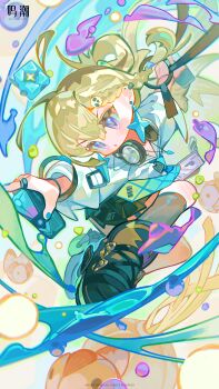 Rule 34 | 1girl, absurdres, aqua necktie, black socks, blonde hair, chibi, chinese commentary, commentary request, earrings, hair ornament, headphones, headphones around neck, highres, holding, holding spray can, jewelry, lynae (wuthering waves), necktie, official art, purple eyes, shirt, skull hair ornament, socks, solo, spray can, star (symbol), star earrings, white shirt, wuthering waves